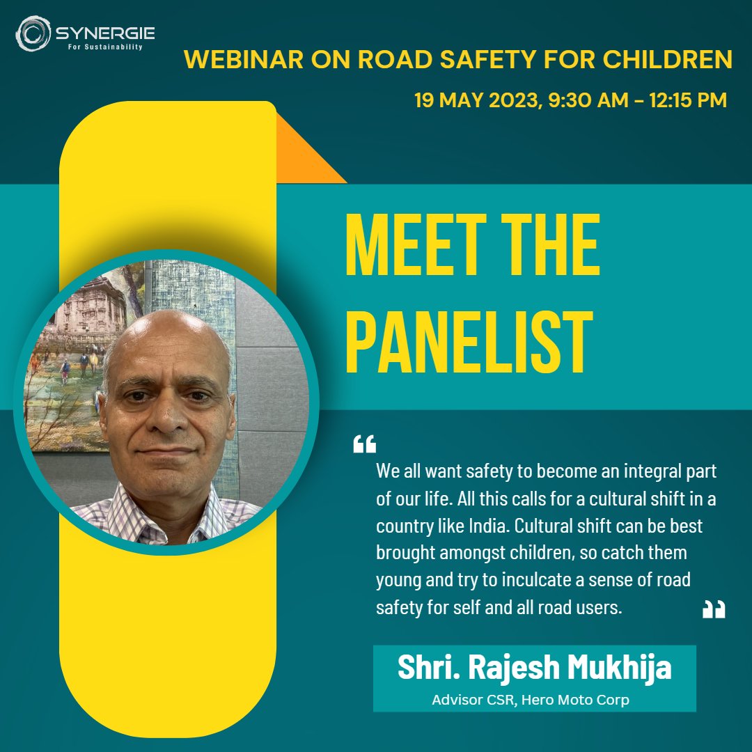 Synergie (@csrsynergie) on Twitter photo Meet our panelist:
Shri. Rajesh Mukhija
Advisor CSR, <a href="/HeroMotoCorp/">Hero MotoCorp</a> 
#roadsafety #childrenroadsafety #rethinkmobility #streetsforlife #drivesafe #corporatesocialresponsibility #socialimpact #webinar #ungrsw #sustainability #accidentprevention #CSR Meet our panelist:
Shri. Rajesh Mukhija
Advisor CSR, <a href="/HeroMotoCorp/">Hero MotoCorp</a> 
#roadsafety #childrenroadsafety #rethinkmobility #streetsforlife #drivesafe #corporatesocialresponsibility #socialimpact #webinar #ungrsw #sustainability #accidentprevention #CSR