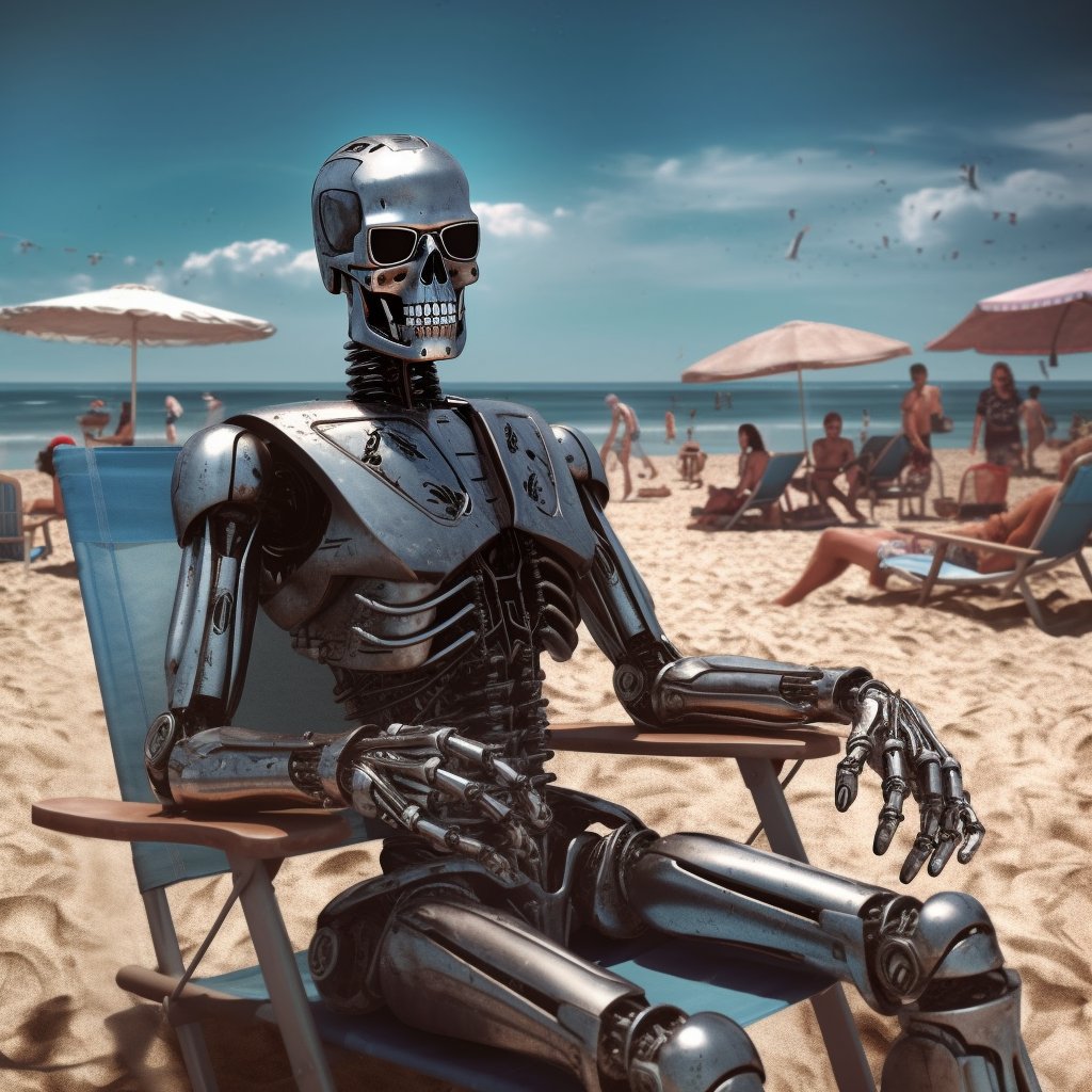 olgainep's tweet photo. The Terminator is enjoying his well-deserved beach vacation, leaving the movie's heroes bewildered 😆. Sarah Connor is furious 🤣.
#terminator #midjourneyart #AI #funny #midjourneyv5 https://t.co/8PhNMOVqAZ