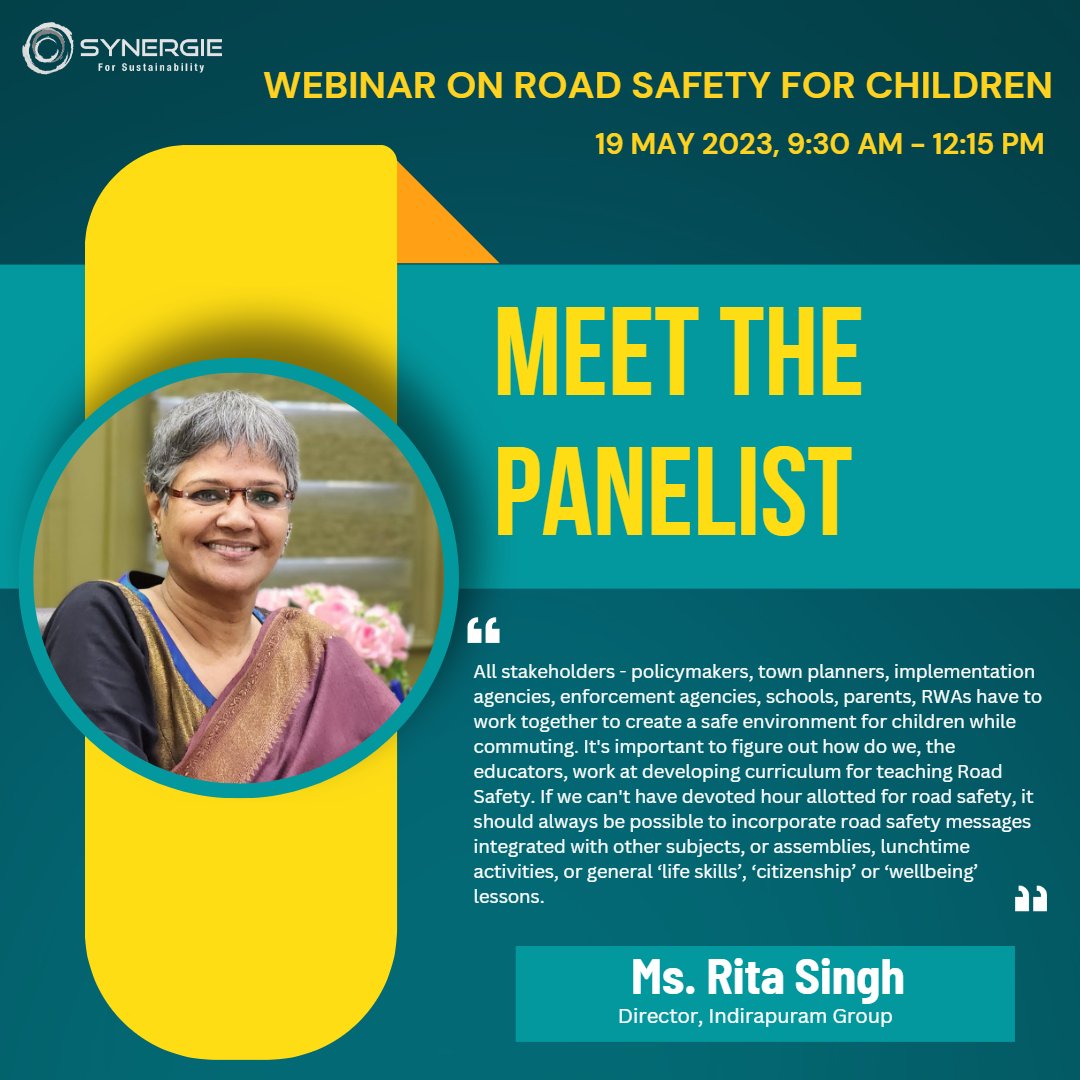 Synergie (@csrsynergie) on Twitter photo Meet our panelist:
Ms. Rita Singh
Director, Indirapuram Group
<a href="/rita0210/">BIHARI RITA</a>
#roadsafety #childrenroadsafety #rethinkmobility #streetsforlife #drivesafe #socialimpact #webinar #ungrsw #sustainability #accidentprevention #CSR Meet our panelist:
Ms. Rita Singh
Director, Indirapuram Group
<a href="/rita0210/">BIHARI RITA</a>
#roadsafety #childrenroadsafety #rethinkmobility #streetsforlife #drivesafe #socialimpact #webinar #ungrsw #sustainability #accidentprevention #CSR
