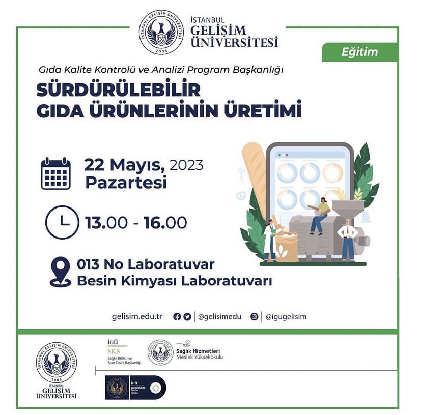 Sürdürebilir Gıda Ürünlerinin Üretimi etkinliğimiz, bugün 13.00-16.00 saatleri arasında 013 no’lu Besin Kimyası Laboratuvarı’nda gerçekleşecektir.
#besin #gıda #gıdakalitevekontrolanalizi #igu #igushmyo