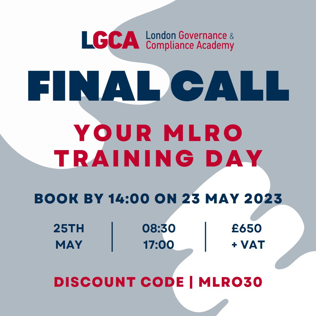 LAST CALL | Your MLRO Training Day This Thursday!

Get 30% off on tickets by applying the coupon MLRO30 upon checkout below. 

Please make sure you book before 14:00 UK time on May 23 to secure your spot.

𝗕𝗢𝗢𝗞 𝗧𝗢𝗗𝗔𝗬 | bit.ly/41STr5b