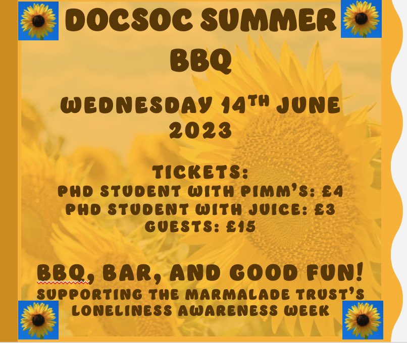 🌞Tickets for our 2023 Summer BBQ are now on sale and we look forward to seeing our members and celebrating the year! 🌞

🌻We are delighted to be supporting the <a href="/marmaladetrust/">Marmalade Trust</a>’s #LonelinessAwarenessWeek by donating £3 per ticket sold.🌻

#PhD #research #community #mentalhealth