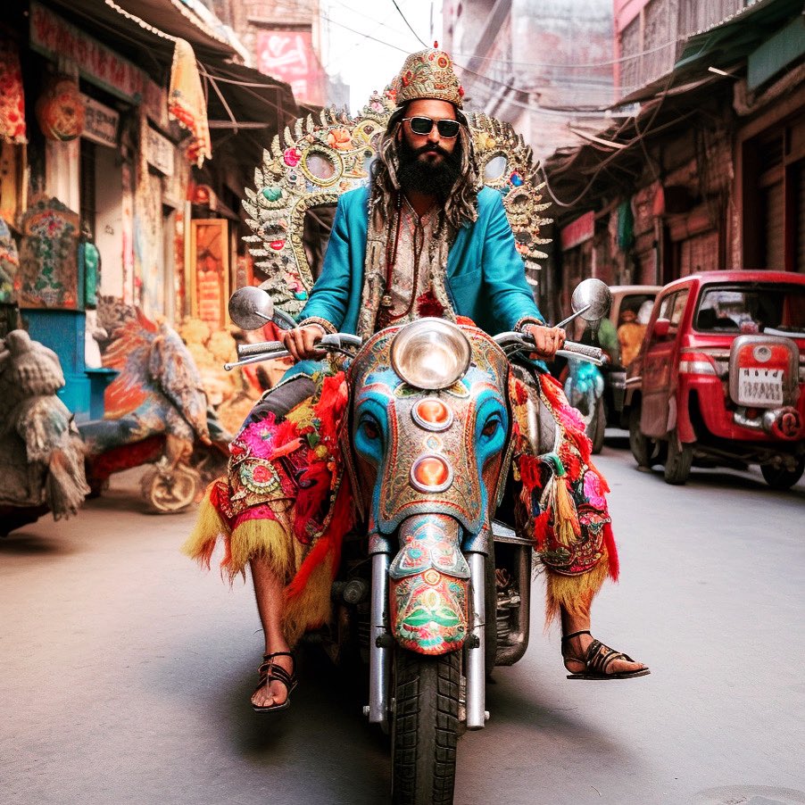 It has BEGUN… Where dreams become reality.
.
.
AI art by @habitatbyboa @boacampbell 
.
.
.
#AIart #BoaCampbell #OldDelhi #motorbike #Ganesha #ManishArora #fashion #travel #AI #midjourney #midjourneyart #panjabi #malemodel #india #incredibleindia
