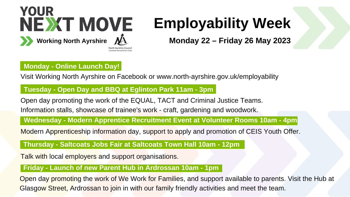 North Ayrshire Council's employability week starts today! 
Visit working North Ayrshire Facebook or here bit.ly/45gyXGG
Events are happening everyday!
See below for more information about what is happening throughout the week! #YourNextMove #workingnorthayrshire