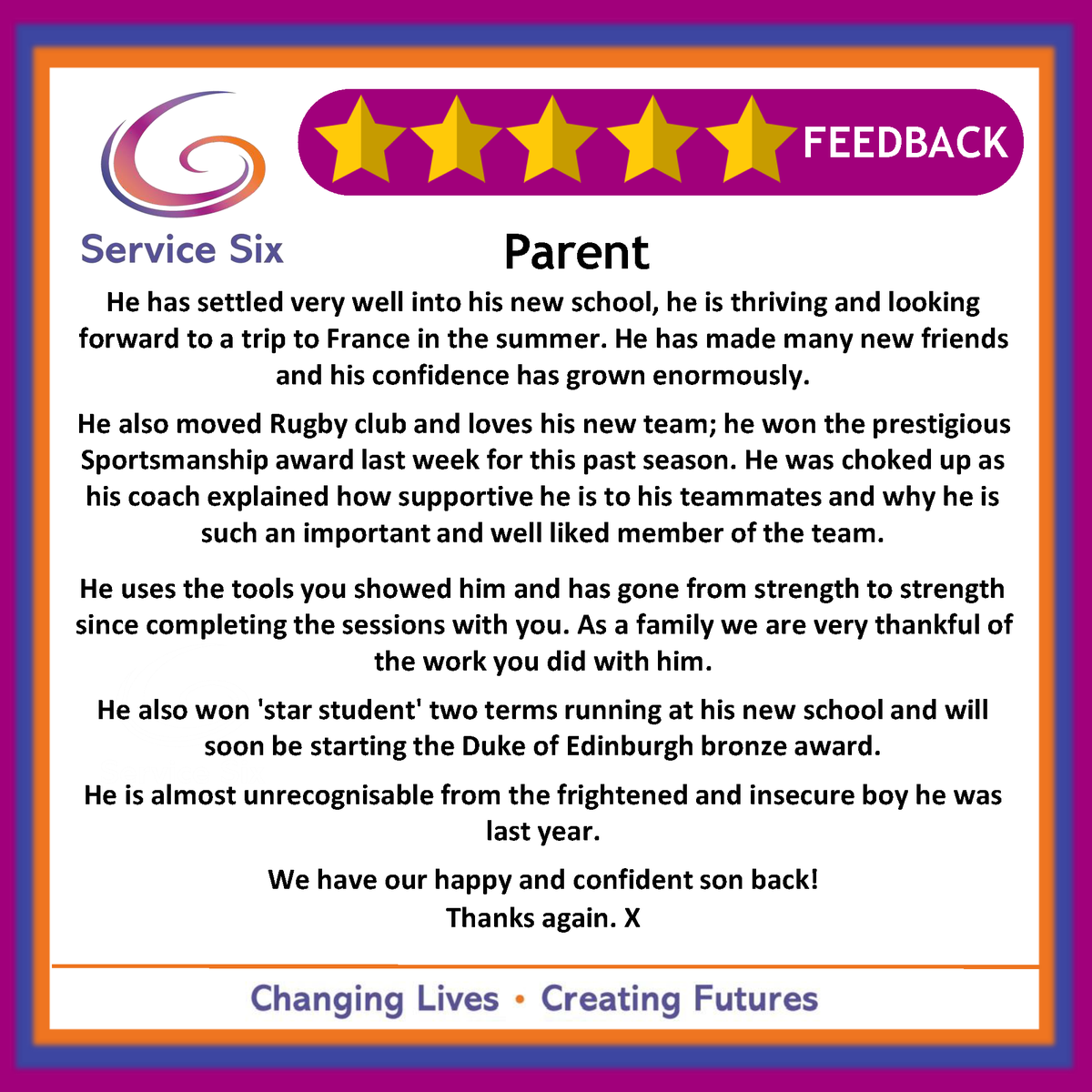 ⭐️⭐️⭐️⭐️⭐️ FEEDBACK Please have a look at this heart-warming comment we received from a parent about the life-changing work our Head Therapist Yvette completed with their son. They wanted to share his progress with us as a tribute to 'the great work you guys do.' #tahnkyou 🥰