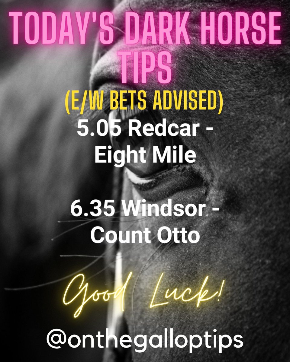 OnTheGallopTips's tweet image. Today's Dark Horse Tips:

5.05 Redcar - Eight Mile
6.35 Windsor - Count Otto

@Redcarracing @WindsorRaces

#freeracingtips #darkhorse