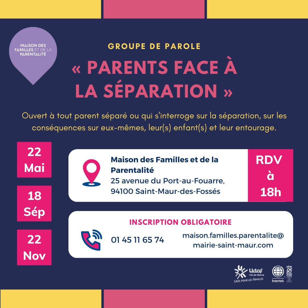 🔴 AUJOURD'HUI de 18h à 19h30
Groupe de parole : « Parents face à la séparation »
Inscription:
Téléphone : 01 45 11 65 74
Email : maison.familles.parentalite@mairie-saint-maur.com

#parentseparés #enfants #enfantheureux #enfantsrichesdeprimes #divorce #divorcemediation #udaf94