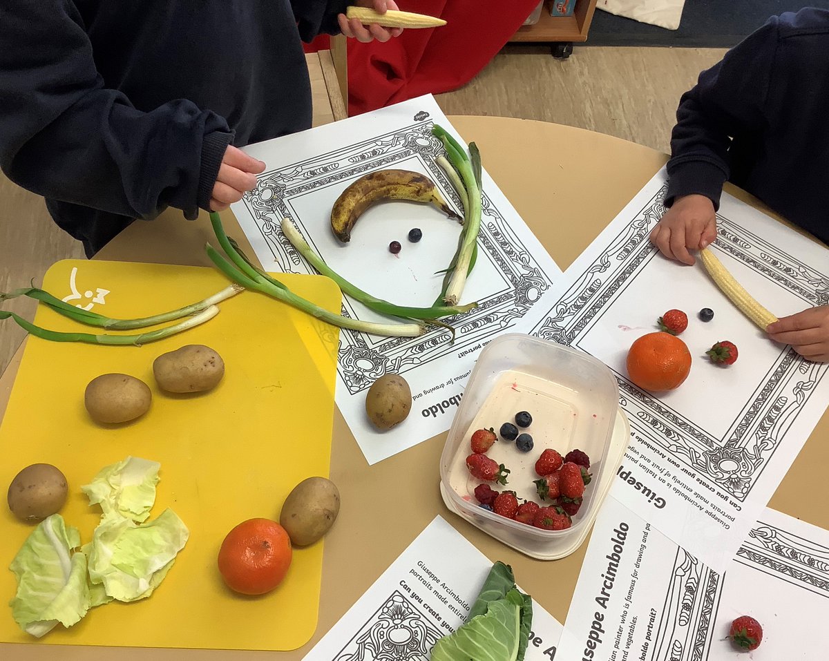 Reception class have been learning about Guiseppe Arcimboldo and were inspired to make their own fruit &amp; vegetable portraits.