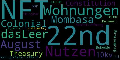 Trending in my timeline now:  #22nd (2)  #NFT (2)  #Wohnungen (1)  #Nutzen (1)  #dasLeer (1)  #August (1)  #Mombasa (1)  #Colonial (1)