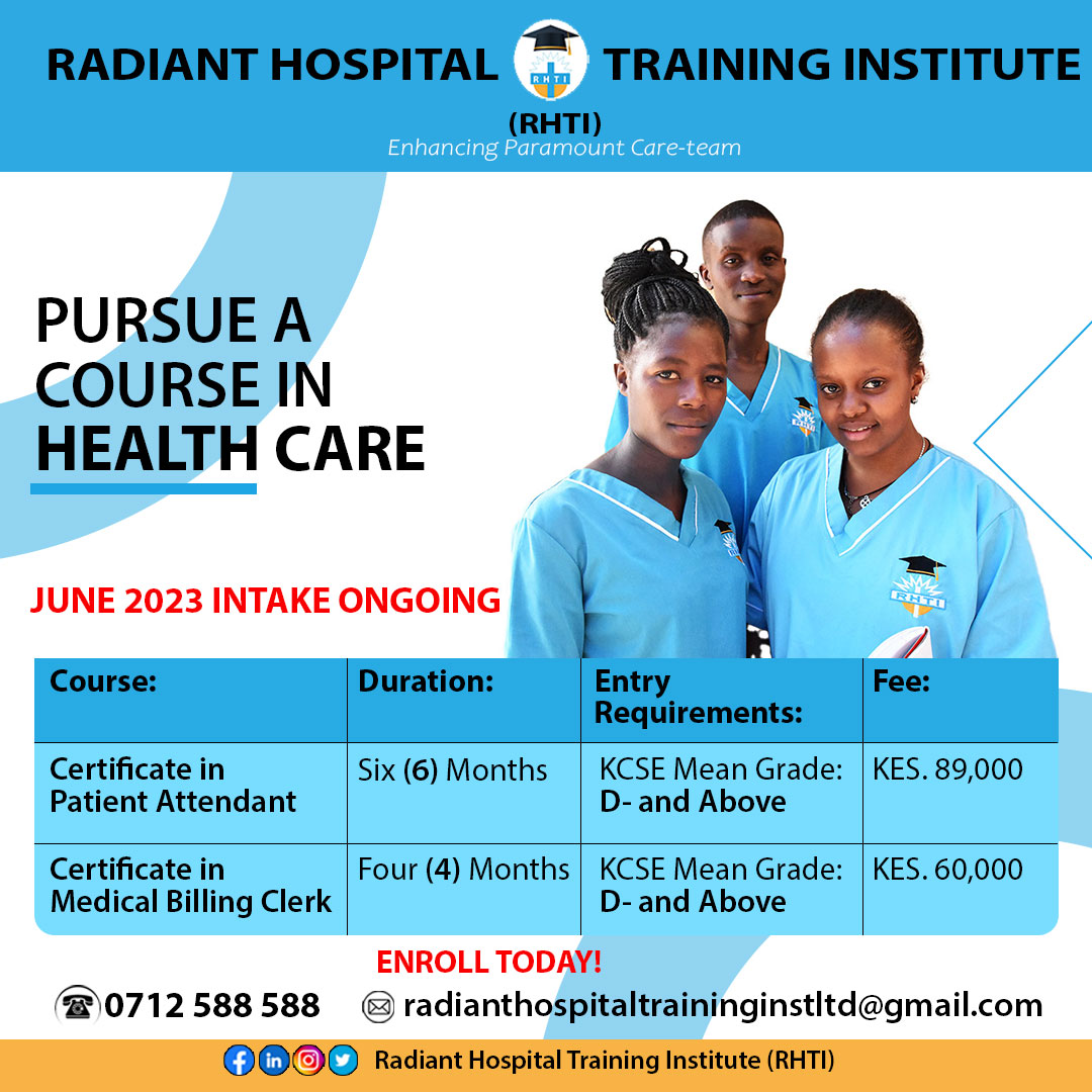 rhti_college's tweet photo. 𝗗𝗼𝗻’𝘁 𝗺𝗶𝘀𝘀 𝘆𝗼𝘂𝗿 𝗰𝗵𝗮𝗻𝗰𝗲…
Join @rgh_institute and pursue a career in healthcare.
𝗝𝘂𝗻𝗲 𝟮𝟬𝟮𝟯 𝗜𝗻𝘁𝗮𝗸𝗲 𝗢𝗻𝗴𝗼𝗶𝗻𝗴 𝗳𝗼𝗿:
  · Cert. in Patient Attendant
  · Cert. in Medical Billing Clerk
Admission Helpline: 0712588588
#RHTI https://t.co/6QL2Et5RpX