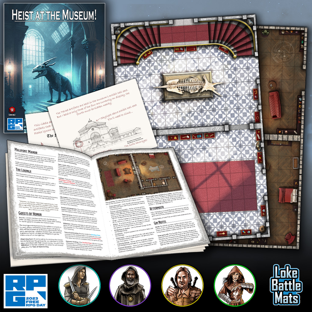 Are you ready for  #FreeRPGDay!
This year check out Heist at the Museum, a ready to roll 5E adventure with battle maps from Book of Battle Mats - Rooms Vaults &amp; Chambers.
Lets get this adventure started!
#lokebattlemats