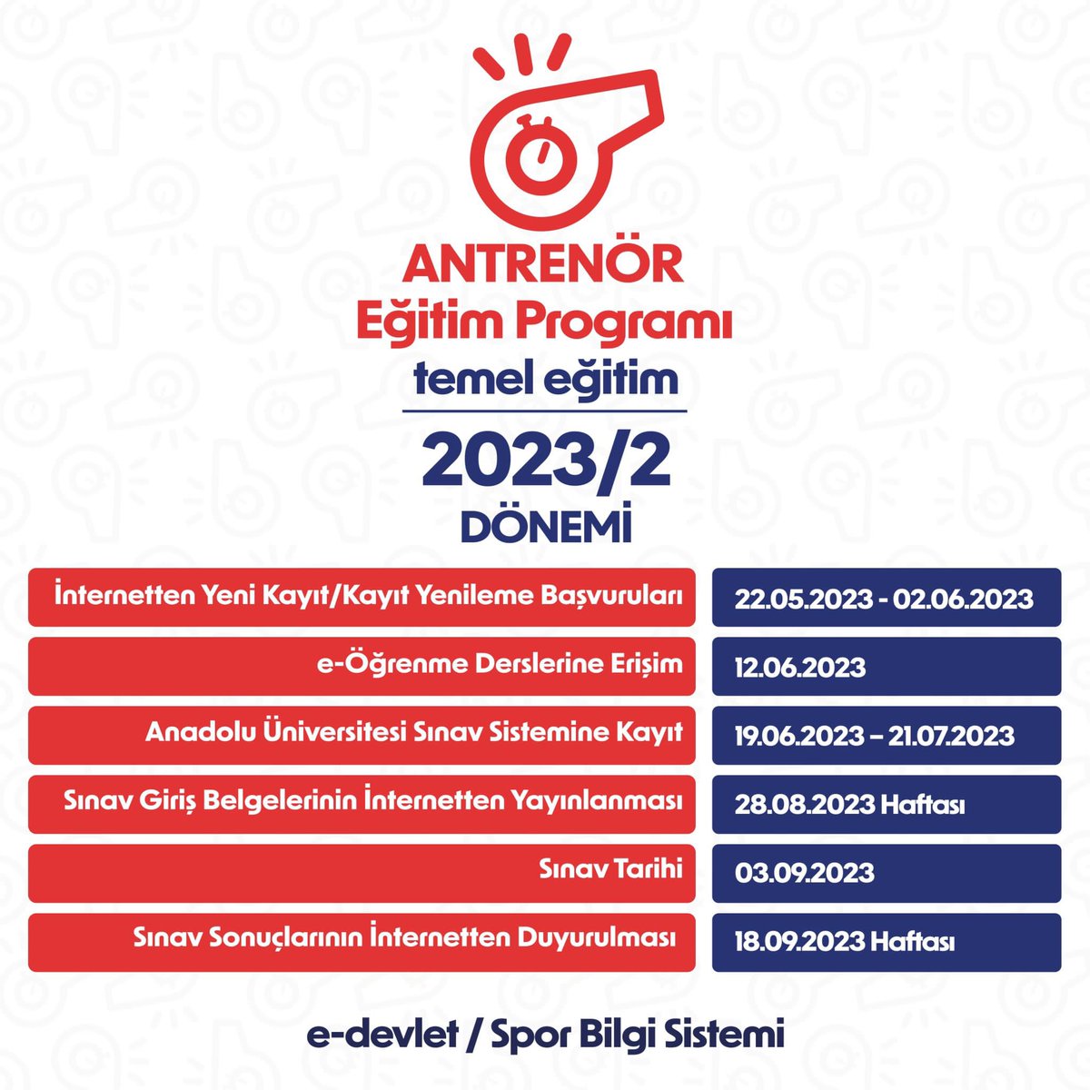 sukruyilmaz03's tweet photo. ANTRENÖR TEMEL EĞİTİM BAŞVURULARI BAŞLADI. 
2023/2 Antrenör temel eğitim başvuruları 22 Mayıs -02 Haziran 2023 tarihlerinde gerçekleşecektir. Detaylar⬇️⬇️⬇️            

https://t.co/b4bHKWGfXx https://t.co/5u8aIQfoBK