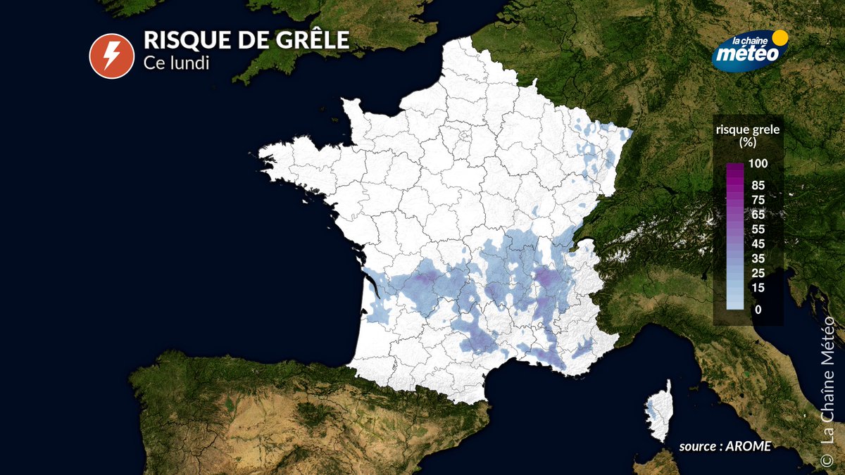 lachainemeteo's tweet photo. Forts #orages⚡⛈ depuis ce matin sur l'#Allier avec des cumuls importants estimés au radar (proche de 100 mm). L'instabilité va perdurer dans la zone avec même cette après-midi de nombreuses régions du sud pouvant être impactées par la #grêle comme le montre cette carte de risque. Soyez vigilants.