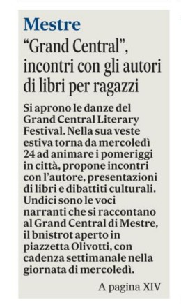 Grazie a <a href="/FilomenaSpolaor/">Filomena Spolaor</a> per l'articolo su <a href="/Gazzettino/">Gazzettino</a> di oggi 🥰  Noi siamo pronti per il primo appuntamento, e voi??

#grandcentralliteraryfestival #rassegnastampa
#gclf #gclf2023 #summeredition #summeredition2023 #literaryfestival #mestre #literaryfestivalmestre
