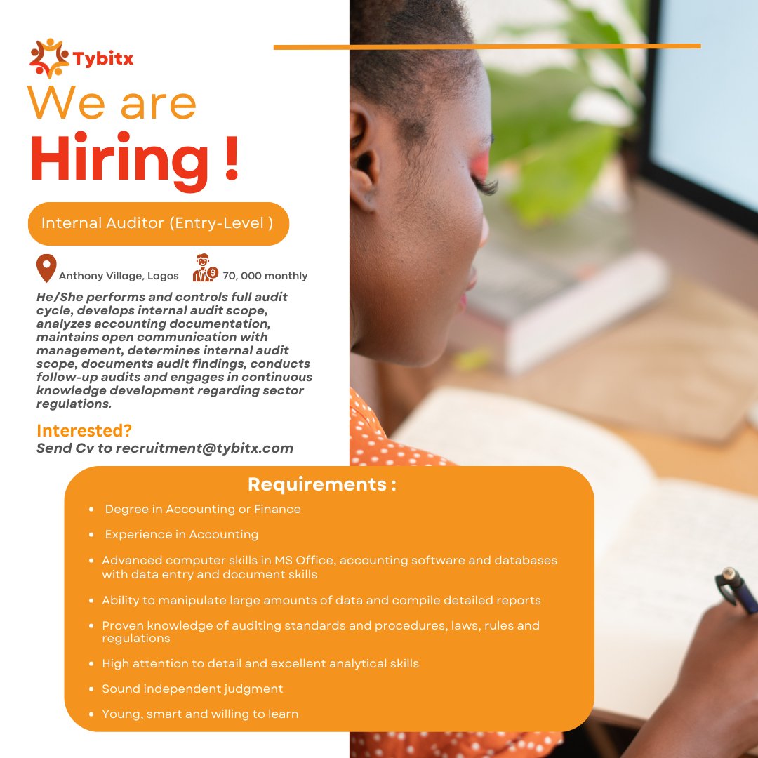 Internal Auditor needed!
Send CV to recruitment@tybitx.com for consideration.
...
#nigerian #hr #hiring #internalauditor #career #jobposting #joboffers  #jobvacancies #careeropportunity #nigerianjobs #recruitment  #careerad