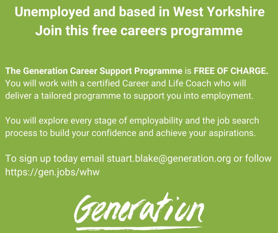 If you are based in West Yorkshire and unemployed, join The Generation Career Support Programme. It's free of charge and focused on YOU. <a href="/HeartYorkshire/">Heart Yorkshire</a> @heartyorkshirenews <a href="/LeedsNews/">Yorkshire Evening Post</a> <a href="/leedslivenews/">LeedsLive News</a> <a href="/yorkshirepost/">The Yorkshire Post</a> @TheGryphonLeeds