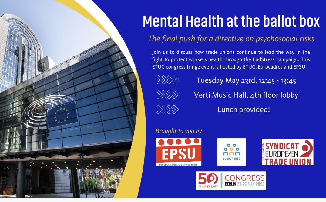 On the way to European Trade Unions Congress in Berlin #etuc50. You are most welcome to join me, <a href="/EPSUnions/">EPSU</a> <a href="/EUROCADRES/">EUROCADRES</a> and of course <a href="/etuc_ces/">EUROPEAN TRADE UNIONS</a> at the meeting on mental health <a href="/EndStressEU/">EndStress.EU</a>. Tomorrow at 1245 pm.