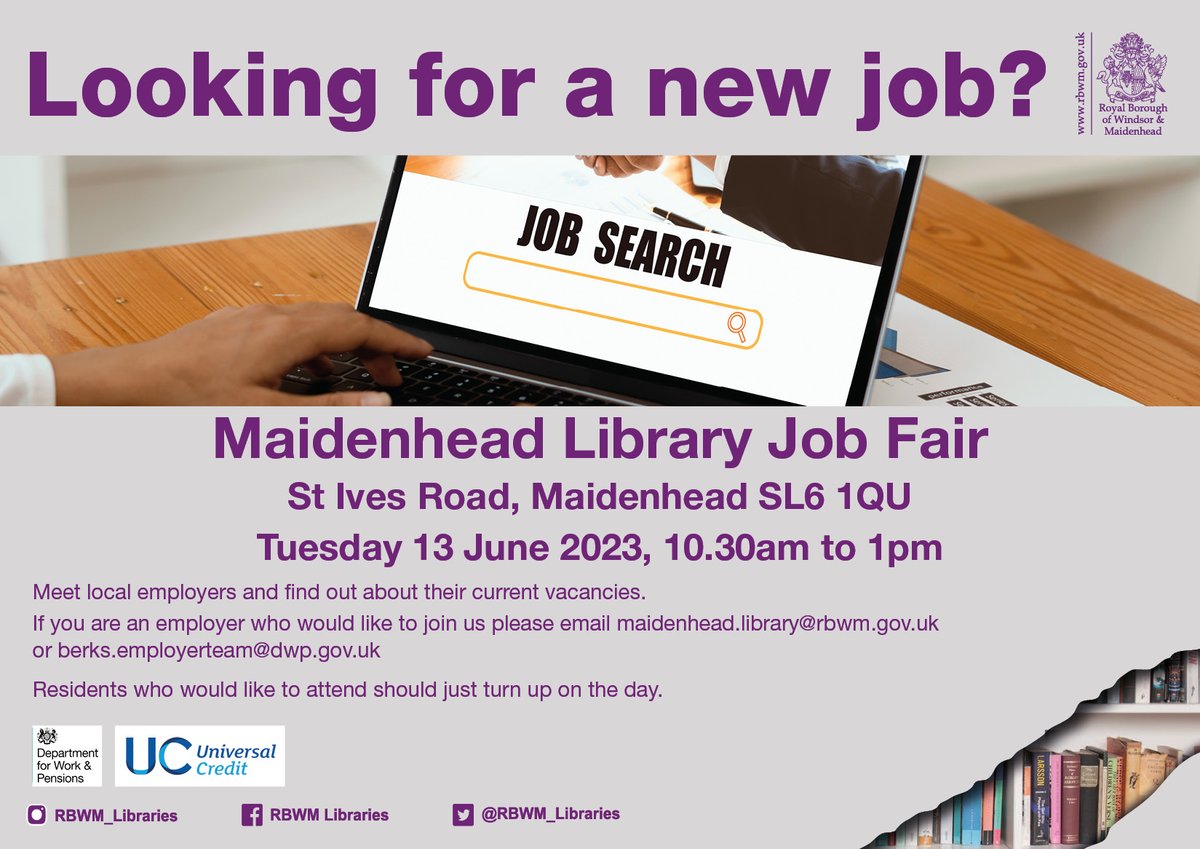 RBWM_Libraries's tweet photo. Looking for a new #job? Or are you an employer looking to recruit? Come to our job fair at #MaidenheadLibrary, Tuesday 13 June 2023, 10.30am - 1pm.
If you are an employer who would like to join us please email maidenhead.library@rbwm.gov.uk or berks.employerteam@dwp.gov.uk https://t.co/a4tocG0onw