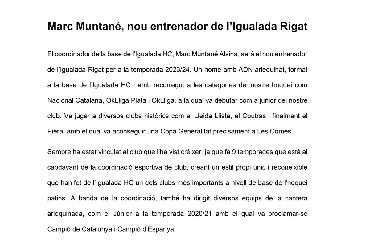 IgualadaHC's tweet photo. ✍🏼MARC MUNTANÉ✍🏼

El coordinador de la base de l’Igualada HC, Marc Muntané Alsina, serà el nou entrenador de l’Igualada Rigat. Un home amb ADN arlequinat que seguirà vinculat a la coordinació esportiva de l’entitat.

Tenim confiança plena en la teva nova etapa, Marc!💙❤️ https://t.co/F7wmtZH4ED