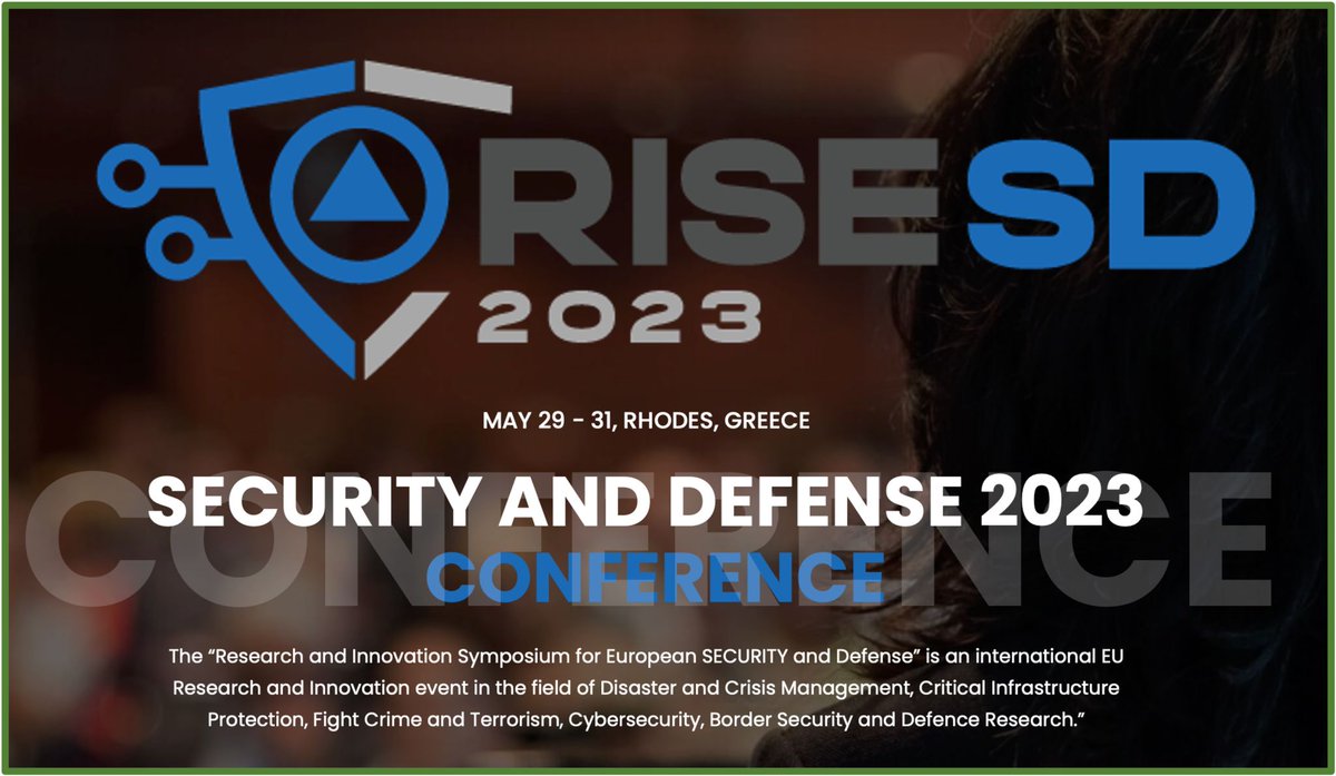 MeticosEU's tweet photo. 🎉This year’s largest Security&Defence R&D event in the E.U., #RISESD2023, is on the way, and METICOS will participate as a Co-organiser, representing the #BESCluster
📅29–31 May, Rhodes
ℹ️ Discover more at https://t.co/hz6AE92nlM
#BCPs #bordercontrol #H2020 #research #innovation https://t.co/HX50foNJF9