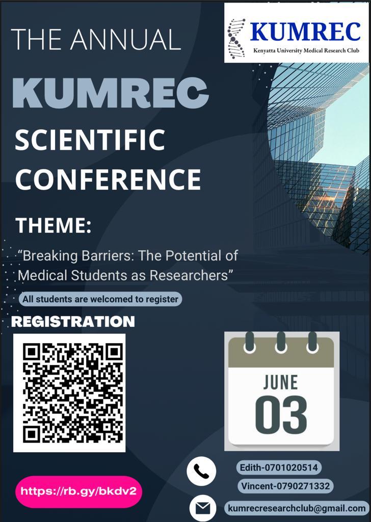 Presenting the inaugural KUMREC SCIENTIFIC CONFERENCE,3RD JUNE 2023.
Charges:ksh. 300.
Registration link:  docs.google.com/forms/d/e/1FAI… 

Welcome to our world of research!
#research #Researchpaper
