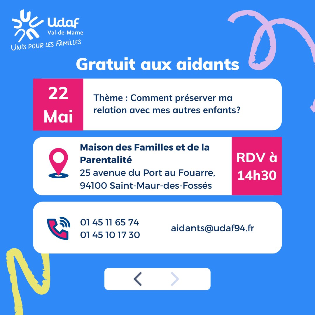 🔴 AUJOURD'HUI à 14h30 Café des parents aidants (animé par des professionnelles).
RDV :
📆 Lundi 22 mai 2023 de 14h30 à 16h00
🏠 Maison des Familles et de la Parentalité
☎️ 01 45 11 65 74
#udaf94 #cafédesaidants #saintmaurdesfossés #parentalité  #enfantsheureux #handicapés
