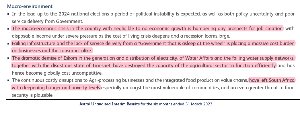 Astral not holding back in their Outlook Statement.
Loadshedding added a cost burden of R741 million during the 6 months to Mar’23 which could not be recovered from the market.
Operating profit declined by 88%.