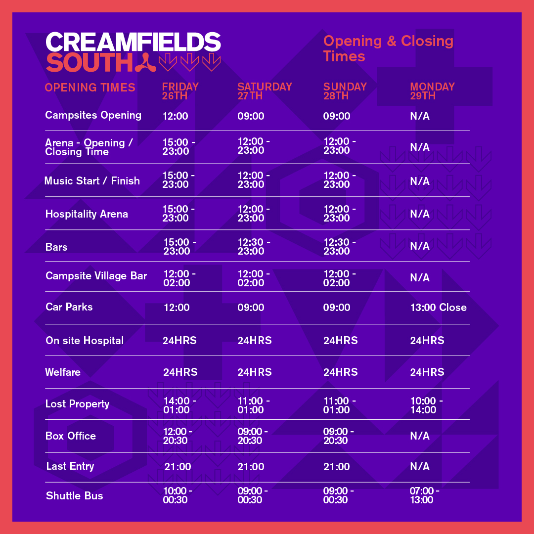 Creamfields South schedule