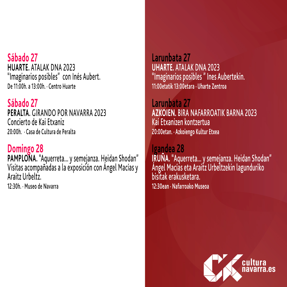 cultura_na's tweet photo. 🗓 Maiatzaren aste honetarako Kulturaren Agenda aurkezten dizuegu!

🩰🎶🎪 #Dantza, #musika, #hitzaldiak eta #ipuin kontaketak, #DNA2023, #BiraNafarroanBarna2023 jaialdiekin, erakusketekin eta gure zikloekin.

🔗 Informazio gehiago: https://t.co/G0ZJhDsXx1

#NafarroakoKultura https://t.co/kjZm28aoRL