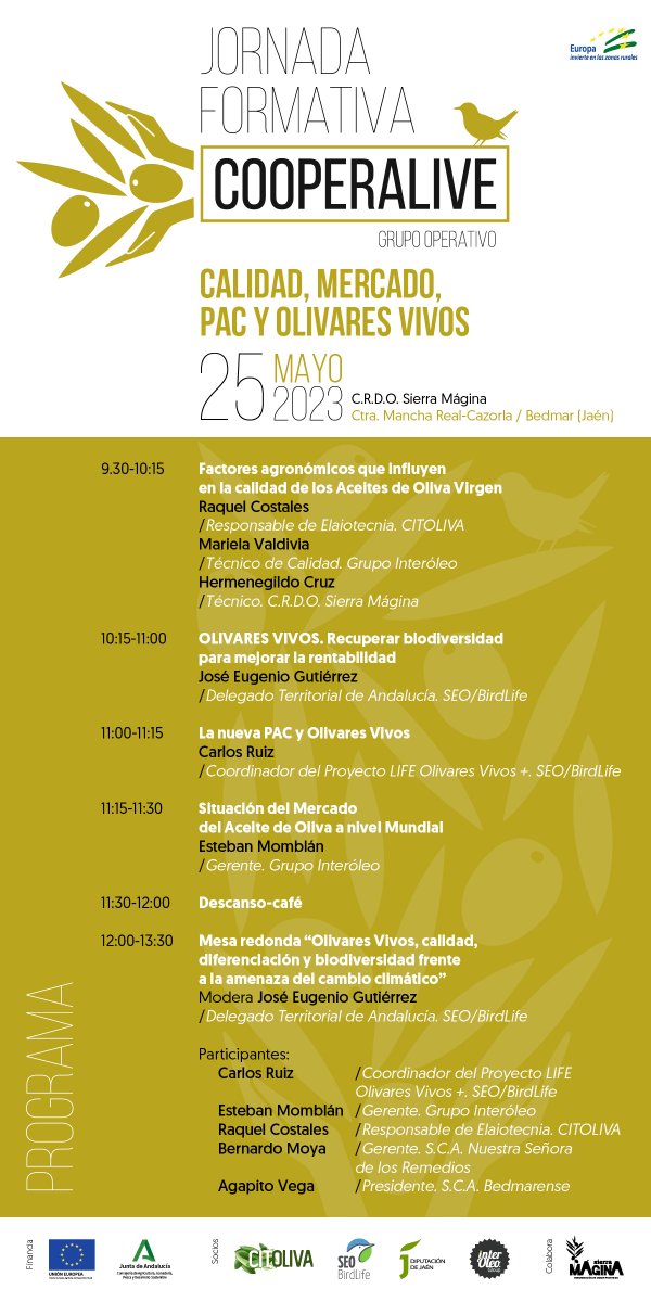📢URGENTE 
🆕El Grupo Operativo #cooperalive organiza la jornada “Calidad,mercado,PAC y Olivares Vivos”
✅Tendrá lugar este jueves en la sede de <a href="/DOSierraMagina/">D.O.P. Sierra Mágina</a> y participarán <a href="/citoliva/">citoliva</a> <a href="/SEO_BirdLife/">SEO/BirdLife</a> <a href="/olivaresvivos/">LIFE Olivares Vivos+</a> <a href="/interoleo/">InterOleo Group</a> <a href="/DOSierraMagina/">D.O.P. Sierra Mágina</a>
Inscripciones👉bit.ly/45lod9M