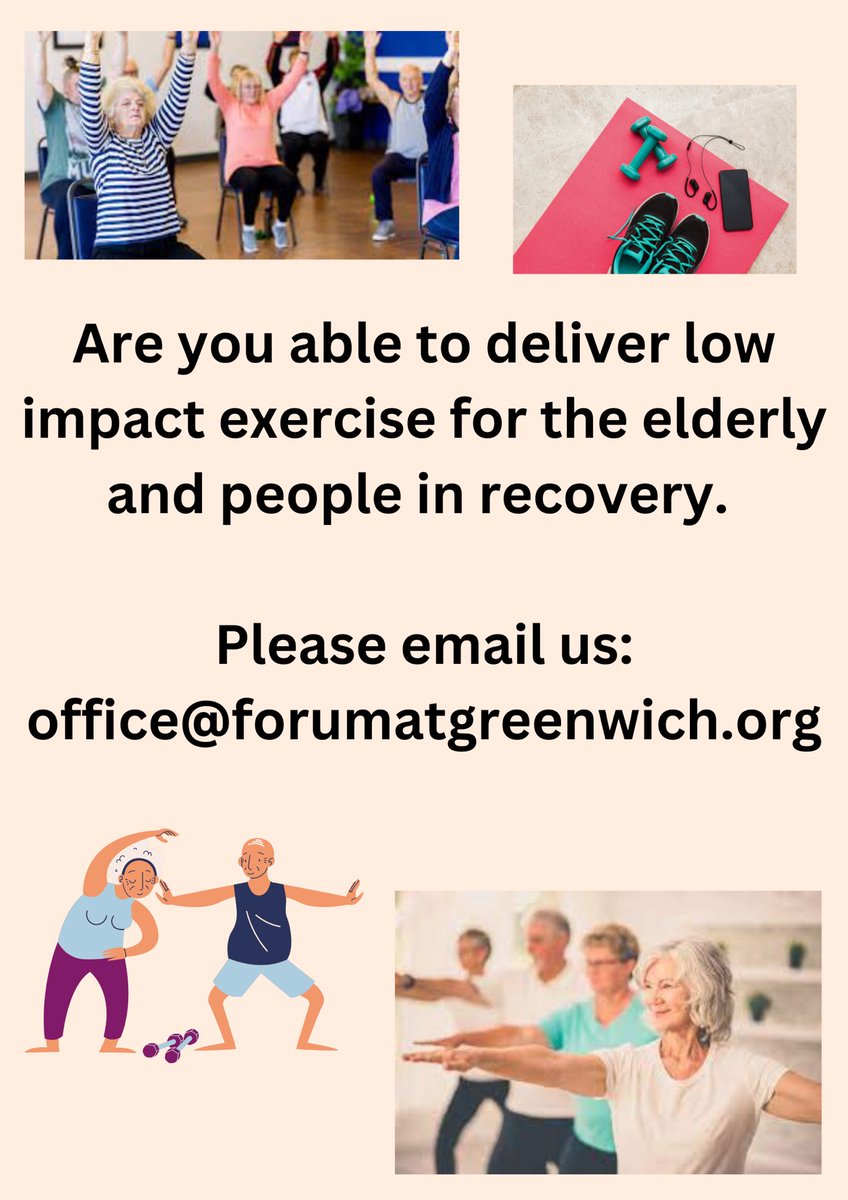 We are looking for someone that can deliver low impact exercise classes for The Forum at Greenwich
Once a week, we will provide you with the space. 
If you can or know somebody that can provide this then please get in contact:

Office@forumatgreenwich.org
Or call us 0208 853 5212