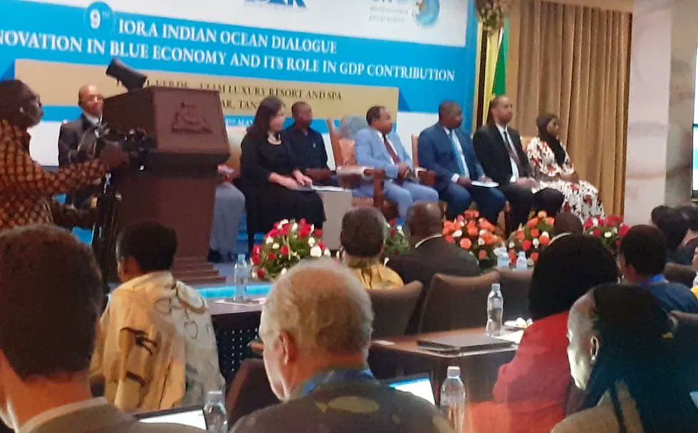 our_blue_future's tweet photo. #HappeningNow: OBF Co-ordinator, Dr. @EdwardKimakwa, makes a presentation at the Indian Ocean Rim Association (IORA) Dialogue on Innovation in Blue Economy  and its contribution to the GDP, in Zanzibar. 

#OurBlueFuture #OBF #BlueEconomy #InnovativeSolutions https://t.co/pkM9g5fWpY