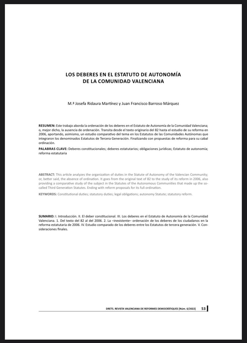 Me hace especial ilusión compartir esta contribución escrita en coautoría con <a href="/sefaridaura/">sefa ridaura</a> sobre los deberes estatutarios en la revista Drets de <a href="/cortsval/">Corts Valencianes</a>: 

revistes.gva.es/ojs/index.php/…