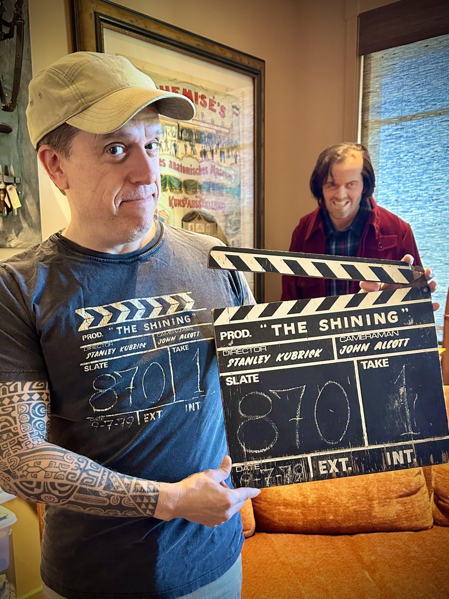 What a photo. @leeunkrich wearing our The Shining clapperboard T-shirt holding the actual clapperboard from the film. The circle is complete. #TheShining #StanleyKubrick #Movietee #MovieTees #MovieTshirt #JackNicholson LastExitToNowhere.com