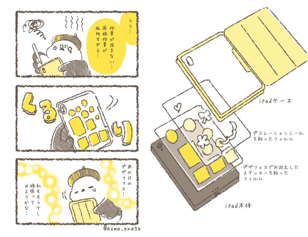 今回のデザフェスでお迎えしたステッカーを、ipadに貼りました✨  原稿作業は黙々と一人でやることがほとんどなのですが、ステッカーに勇気をもらいながら頑張れそうです!原稿に疲れた時に眺めたいと思います🍀  #デザフェス57戦利品