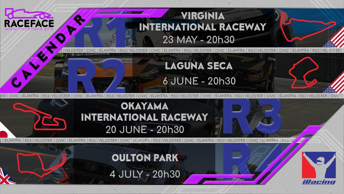 The calendar for the inaugural TCR | iRacing league is here!

Remember to sign up at: members.iracing.com/membersite/mem…

And join our discord for more information at: discord.io/raceface