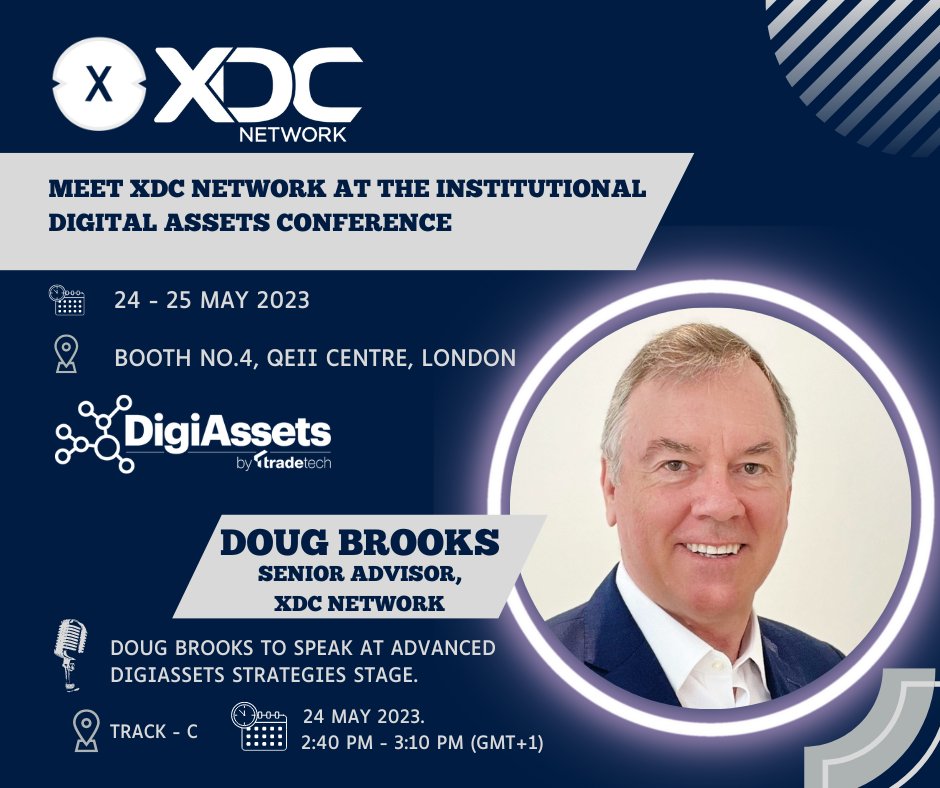 XDCNetwork's tweet photo. 🌟Exciting Event Announcement!🌟
We're thrilled to announce that XDC Network is proud to sponsor the highly anticipated DigiAssets Conference organized by @TradeTech . 

Meet us at our booth to discuss more on XDC Network and possible synergies.
📍Booth no.4, QEII Centre, London. 
📅24-25 May 2023.
Come and meet the XDC Network team at our booth to discuss exciting opportunities for collaboration and explore the power of XDC Network. Let's uncover potential synergies together!

🎙️Don't miss the chance to hear from our esteemed Senior Advisor, @doug_brooks , as he takes the stage at the Advanced Digi Assets Strategies session on 24th May.

Topic: "Exploring the business case of tokenized private equity: How can you leverage blockchain technology to improve transparency and drive efficiencies?"

Be prepared to gain invaluable insights from @doug_brooks  , along with industry experts Victor Jung, Managing Director and Head of Digital Assets at Hamilton Lane, and Ian Taylor, Head of Crypto and Digital Assets at @KPMG & Board Advisor to @CryptoUKAssoc .

Get ready for an engaging discussion on tokenization's potential impact on the private equity landscape. 

Mark your calendars📅 and join us at the conference. See you there!

#DigiAssetsConference #Blockchain #Tokenization #XDCNetwork