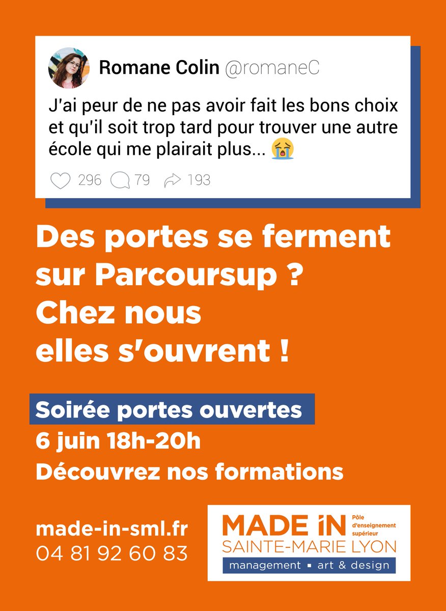 📢 Ne laissez pas un algorithme décider de votre avenir !

📅 Portes ouvertes 6 juin 18h-20h : management, architecture, design, création numérique

👉Inscription : made-in-sml.fr/soiree-portes-…
#Parcoursup #HorsParcoursup #AdmissionPostBac #Parcoursup2023 #Lycée #Bac #Bac2023
