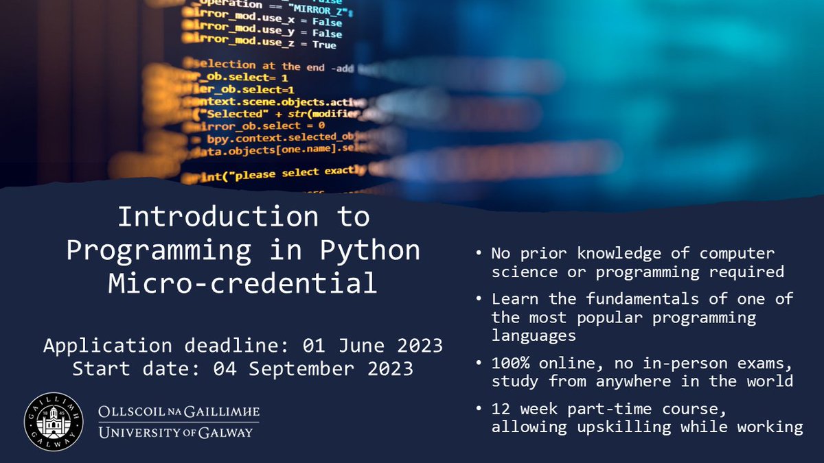 Ever wondered how #programmers develop the #software that we use every day? I'll be teaching a #microcredential on Introduction to #Programming in #Python, starting 04 September 2023.

Podcast: lnkd.in/eNx8rxNw
Web: lnkd.in/eNx8rxNw
@MicroCreds #MicroCredsIE