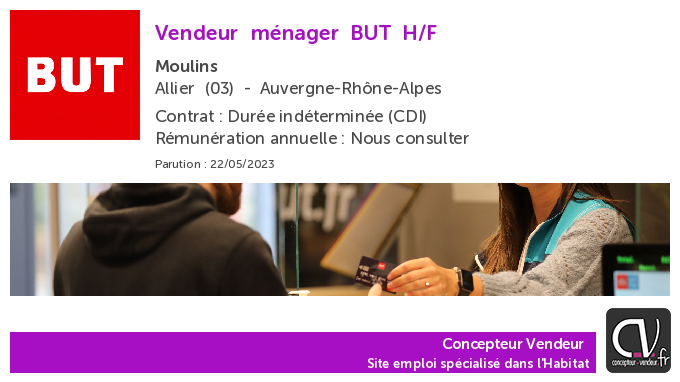 ConcepteurV's tweet photo. Offre d'emploi  Vendeur ménager - BUT - Moulins (03) https://t.co/mvpqDaUzWM https://t.co/KJ1u7u6XJp
