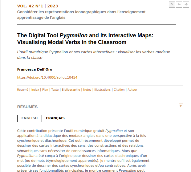 woposs's tweet photo. New paper published 🥳
Dell'Oro, Francesca (2023). "The digital tool Pygmalion and its interactive maps: visualising modal verbs in the classroom". Researching and Teaching Languages for Specific Purposes – Cahiers de l'APLIUT. 
@fns_ch @UniNeuchatel 
#WoPoss #OpenAccess 
1/3 https://t.co/XWBZzDraiP
