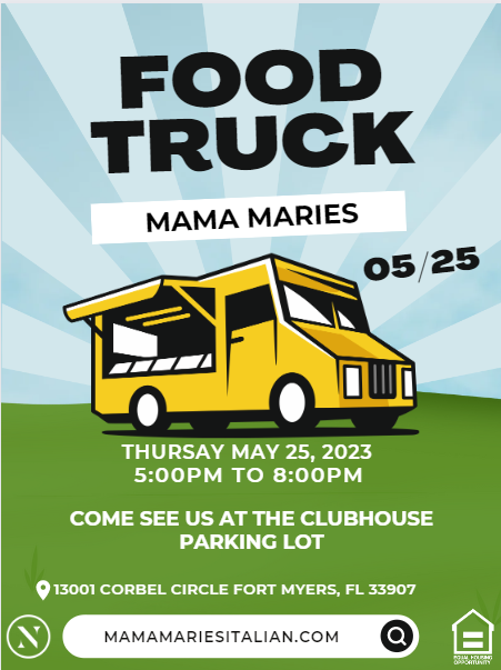 AshlarFl's tweet photo. We are excited to welcome Mama Marie's Food Truck to The Ashlar this Thursday, May 25th at 5PM!

#FoodTruckEvent #FortMyers #WeLoveOurResidents #LoveWhereYouLive https://t.co/EOrBubPjYU