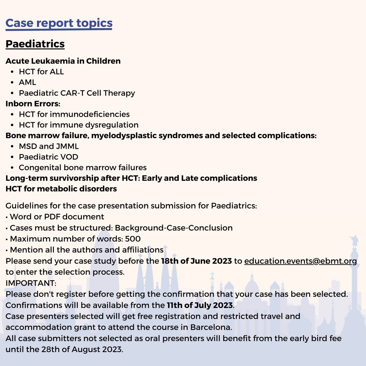 The EBMT Trainee Committee (@theebmt_trainee) on Twitter photo Happy to have 8th International Transplant & Cellular Therapy Course 8-10 Sep.
With new design involving a lot of case-based discussions and poster walk for adults & paediatrics.
For this, submit your case for 👇categories and get support.
Register: ebmt.org/events/8th-int… Happy to have 8th International Transplant & Cellular Therapy Course 8-10 Sep.
With new design involving a lot of case-based discussions and poster walk for adults & paediatrics.
For this, submit your case for 👇categories and get support.
Register: ebmt.org/events/8th-int…