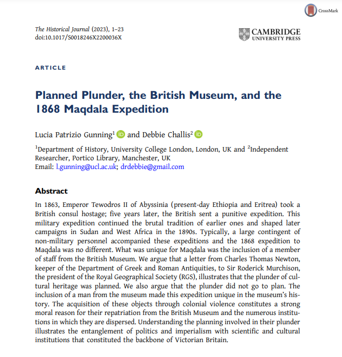 HistoricalJnl's tweet photo. 📘From our latest issue!

Lucia Patrizio Gunning (@luciagunning) (@UCLHistory)
and Debbie Challis (@poisonchallis) (@ThePortico) on 'Planned Plunder, the British Museum, and the 1868 Maqdala Expedition'

#Museum #Colonialism 

📖Read open access here: https://t.co/pjdj1I5889 https://t.co/LouHFZeFop