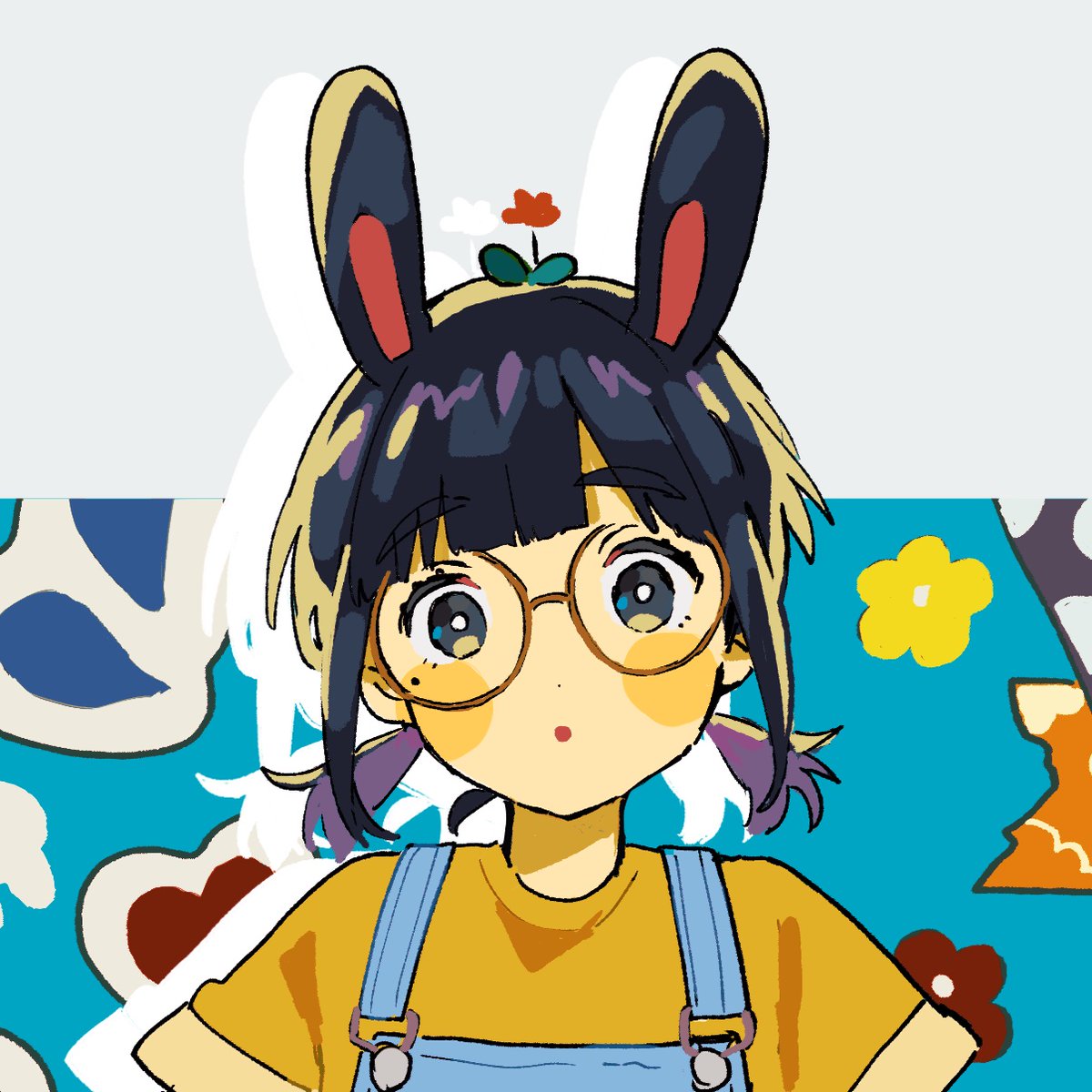 1girl shirt solo glasses overalls animal ears twintails  illustration images