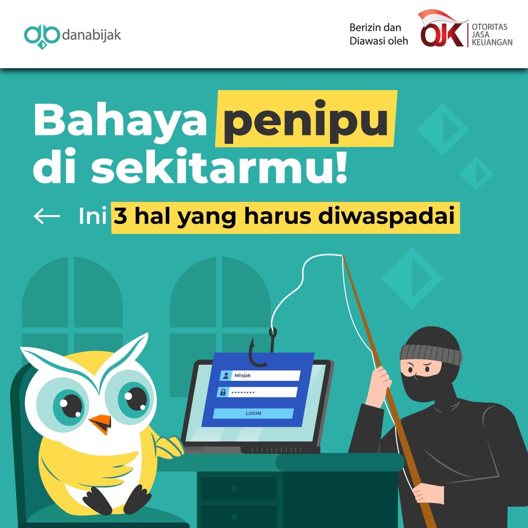 Danabijak's tweet photo. Akhir-akhir ini penipu semakin pintar, ya! Jangan sampai kita kalah pintar dengan mereka.
Ada 3 hal yang perlu kamu waspadai supaya terbebas dari rayuan penipu. Apa saja?
#danabijak #rekanbijak #keuangan #fintechlegal #fintechaman #OJK #pinjamanaman https://t.co/mCKqqx8bhk