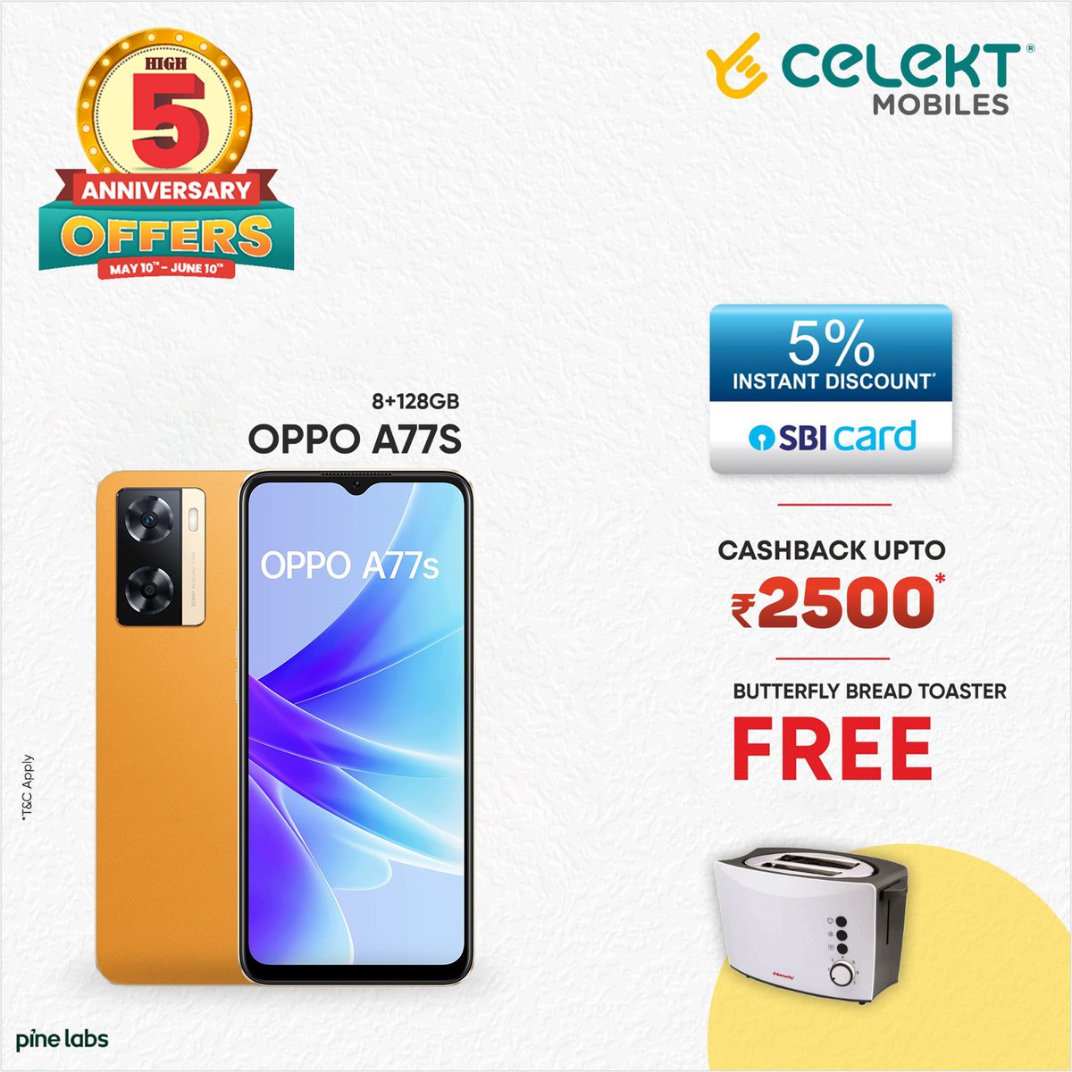 select_mobiles's tweet image. Buy Oppo A77S and get a Butterfly #BreadToaster for free! Enjoy a 5% #instantdiscount on #SBICard and cashback up to Rs. 2500. Capture stunning photos and enjoy #seamlessperformance with Oppo!  Call on +91 9121007777 for more information.  T&amp;amp;C apply*  #OppoA77s #FreeGift