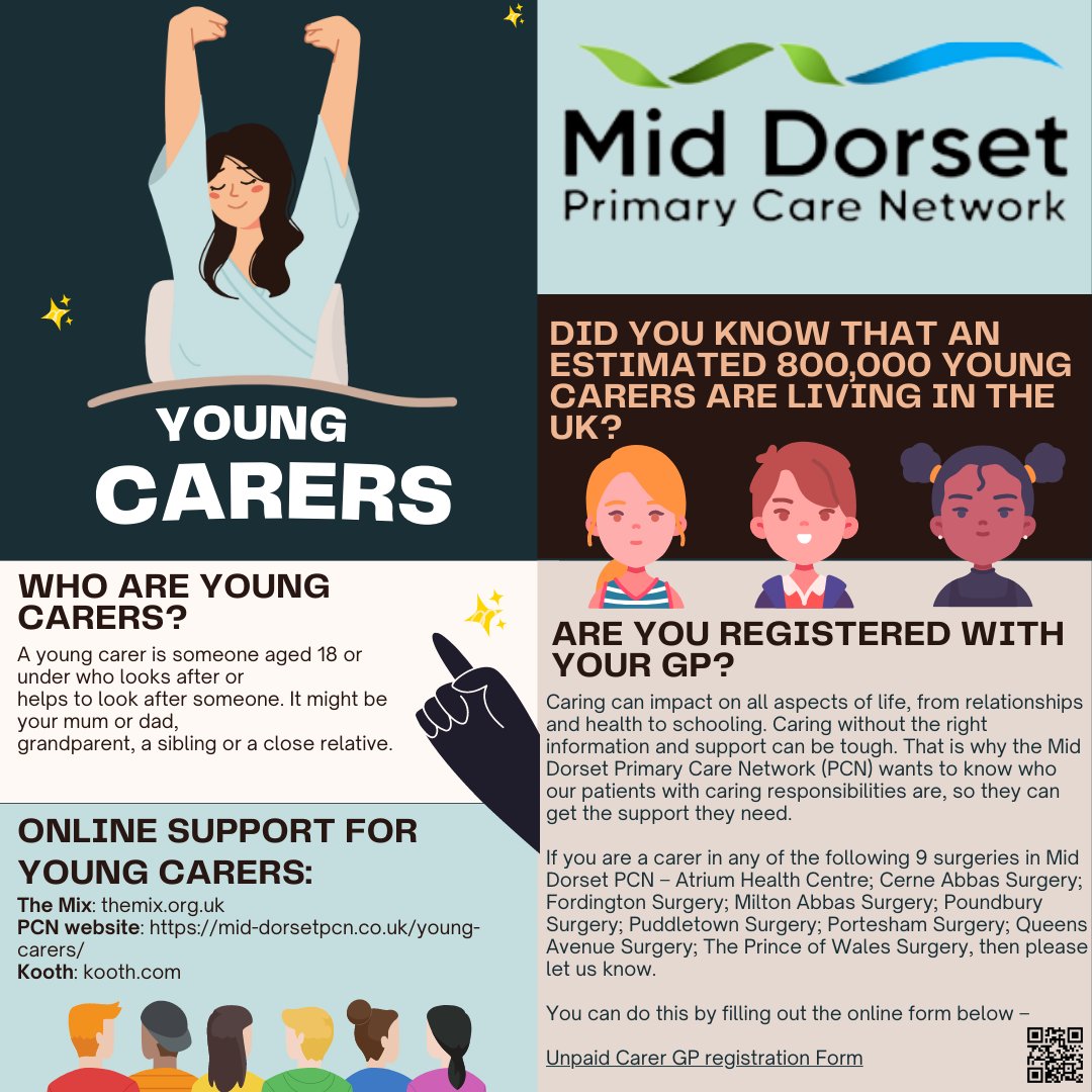 Are you a Young Carer?
If you are under 18 and looking after or helping to look after someone Mid Dorset Primary Care Network would like to know so we can help you receive the help and support you may need.

To register with your GP as a Carer: 
mid-dorsetpcn.co.uk/carers/
