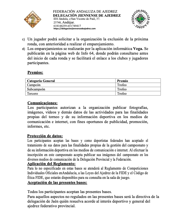 AjedrezJaen's tweet photo. Convocatoria de Campeonato de Jaén Activo el dia 4 de junio a las 10:00.
Sistema de juego Suizo con ritmo de juego 8 minutos + 5 segundos.
Inscripciones en https://t.co/etwyBBjIrP hasta el 2 de Junio https://t.co/vO8BucgbDX