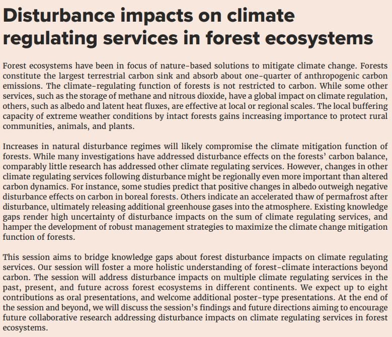 Is your work related to the effects of forest #Disturbances in climate regulating #EcosystemServices? Then submit an abstract to the @IUFRO2024 Session T5.11 that @dominikthom1 and I are organizing. Deadline coming soon (2nd June). Hope to see you there! 🔥🪳💨❄️🌲